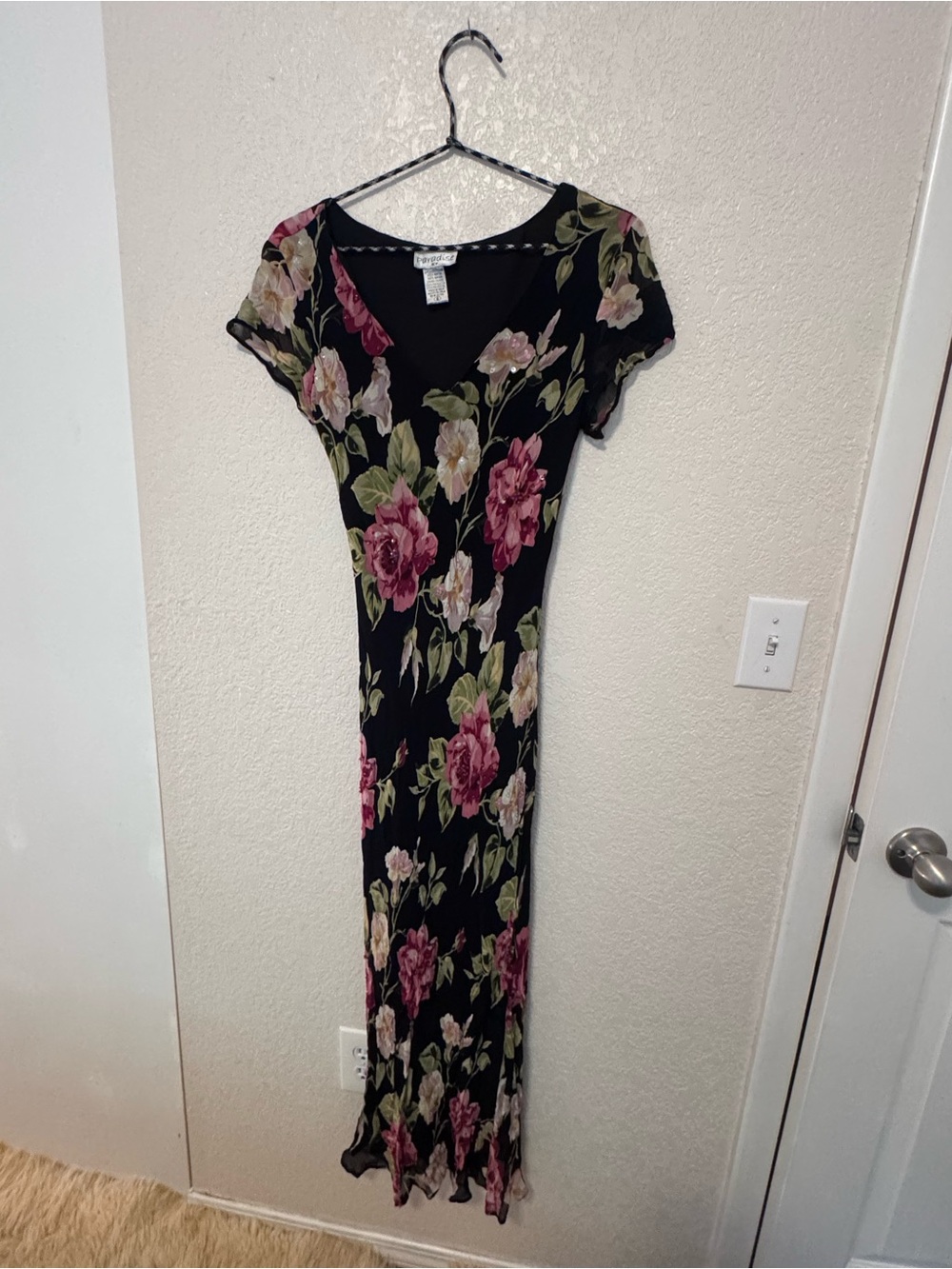 Vintage Floral Maxi Dress - Black with Pink Roses